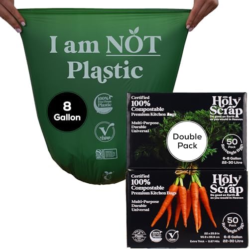 Medium Compostable Trash Bags - 6-8 Gallon, 100 Pack | Odorless, Plastic-Free & Decomposing Kitchen, Bathroom & Countertop Garbage Bag & Liners | Thick Bin Bags for Green & Food Waste