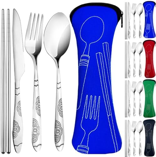20PCS Premium Travel Utensils With Case, Stainless Steel Reusable Portable Utensils Set With Case, Lengnoyp Travel Silverware Set With Case for Lunch Box Camping, Silver