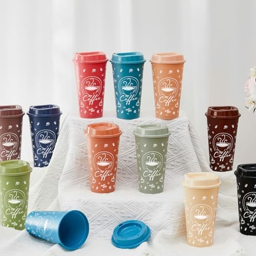 12 Sets Reusable Coffee Cups with Lids, 16oz, Morandi