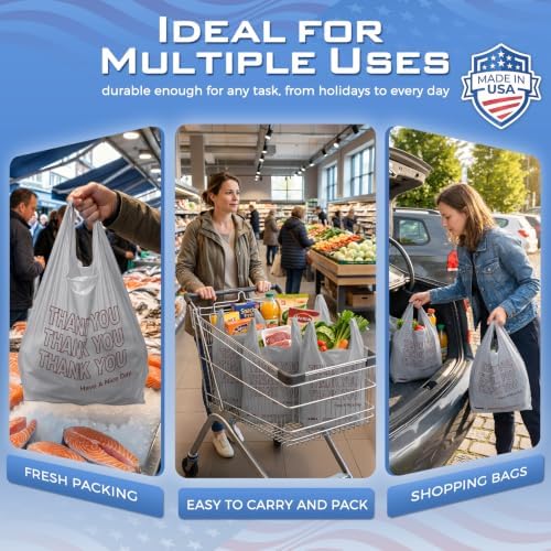 Fuxury Grey Plastic Thank You Shopping Bags Recyclable (1000 Count)