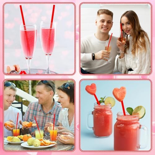 JANYUN 30 Pcs Red Heart Shaped Straws, Reusable Valentines Plastic Straw