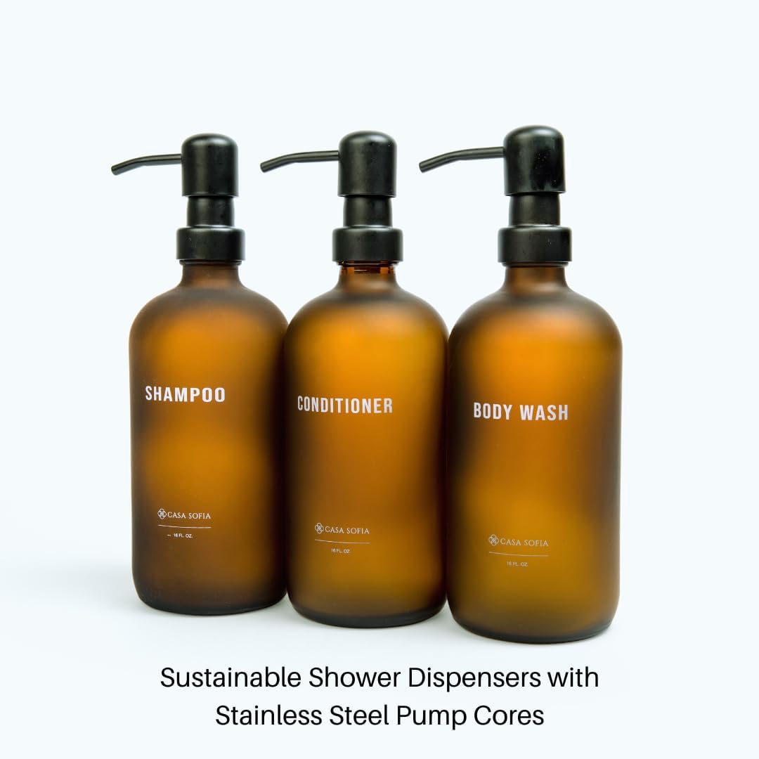 Frosted Amber Glass Shampoo and Conditioner Dispenser Set – Refillable 16 OZ Bottles with Pump, Concrete Tray Included – Modern Bathroom Organization