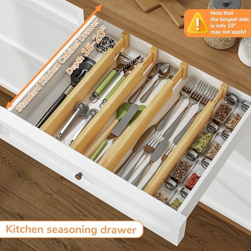 BAMEOS Bamboo Expandable Drawer Dividers – Fits 13.3"–19" Drawers, 2" High, Set of 4 | Spring-Loaded Bamboo Separator for Kitchen Island, Bathroom Vanity & Dresser Drawers