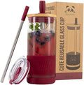 Pandaloo® Glass Cups With Lids and Straws -20 Fl Oz- Perfect Size Iced Coffee Cup - Smoothie Cup With Bamboo Lid and On the go Lid - Glass Tumbler With Straw (1 Count (Pack of 1), Boysenberry)