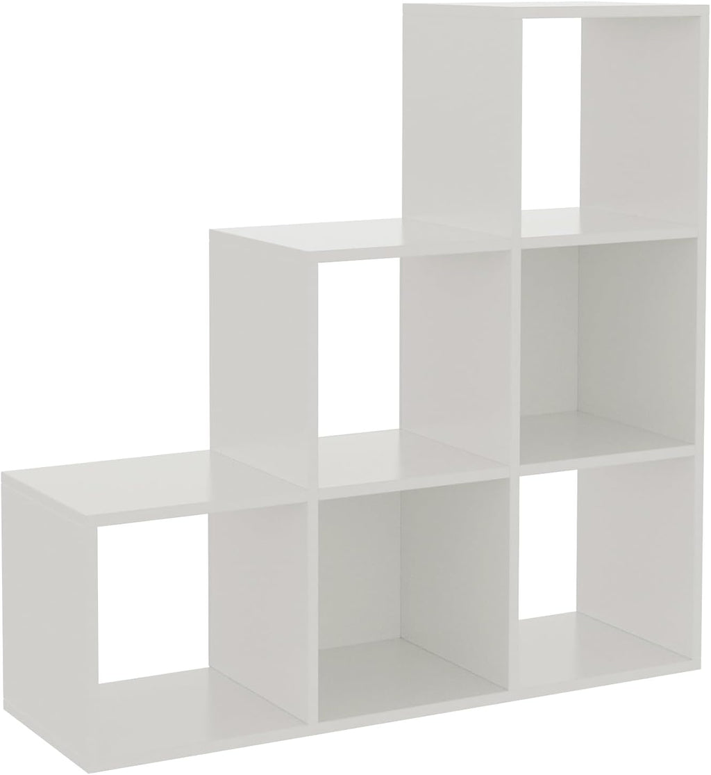 Ladder Cube Storage Bookcase - Wooden L-Shaped 3-Tier Corner Shelf, Reversible 6-Cube Organizer for Home & Office, White