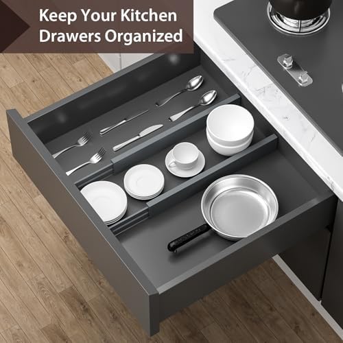 DUCOO 4 PCS Drawer Divider, 17"-22" Adjustable Bamboo Drawer Dividers Organizers, Expandable Separators for Kitchen, Clothes, Dressers, Home, Office, Gray