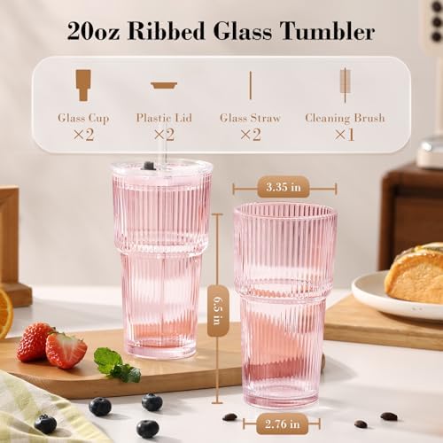 20oz Iced Coffee Cups with Lids, Ribbed Glass Cups with Lids and Straws