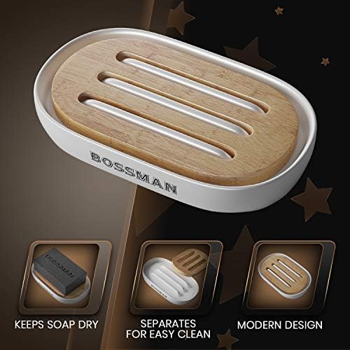 Bossman Natural Bamboo Bathroom Soap Dish w/ Premium Ceramic Base - White