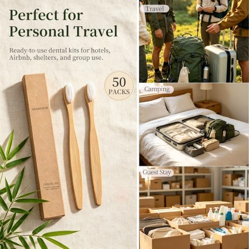 50 Pack Bamboo Toothbrushes with Toothpaste 6g Individually Wrapped