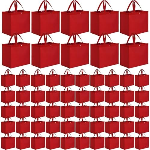 Zhehao 60 Pcs Reusable Grocery Bags Bulk Large Foldable Shopping Tote Bags Non Woven with Handle and Plastic Button(Red)