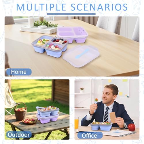 Large Collapsible Silicone Bento Lunch Box, 2 Pack with 3 Compartments Each,45.6oz Food Storage Containers with Spoons Forks, Portable for Work, Picnic, Travel, BPA Free（Blue+ Purple）