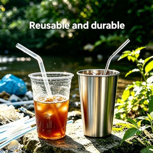 12 Pack Reusable Stainless Steel Metal Drinking Straws: 3 Bent + 3 Straight 8.5 in and 3 Bent + 3 Straight 10.5 in, Includes 2 Cleaning Brushes, Fits 20-30 oz Tumblers, Dishwasher Safe