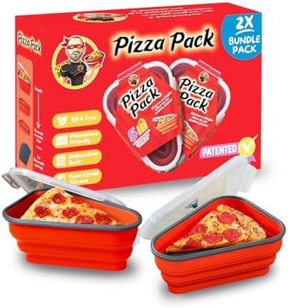 PIZZA PACK The Perfect Reusable Pizza Storage with 5 Microwavable Serving Tray - BPA-Free Adjustable Pizza Slice Container Space Saver, 2 Pack, Red