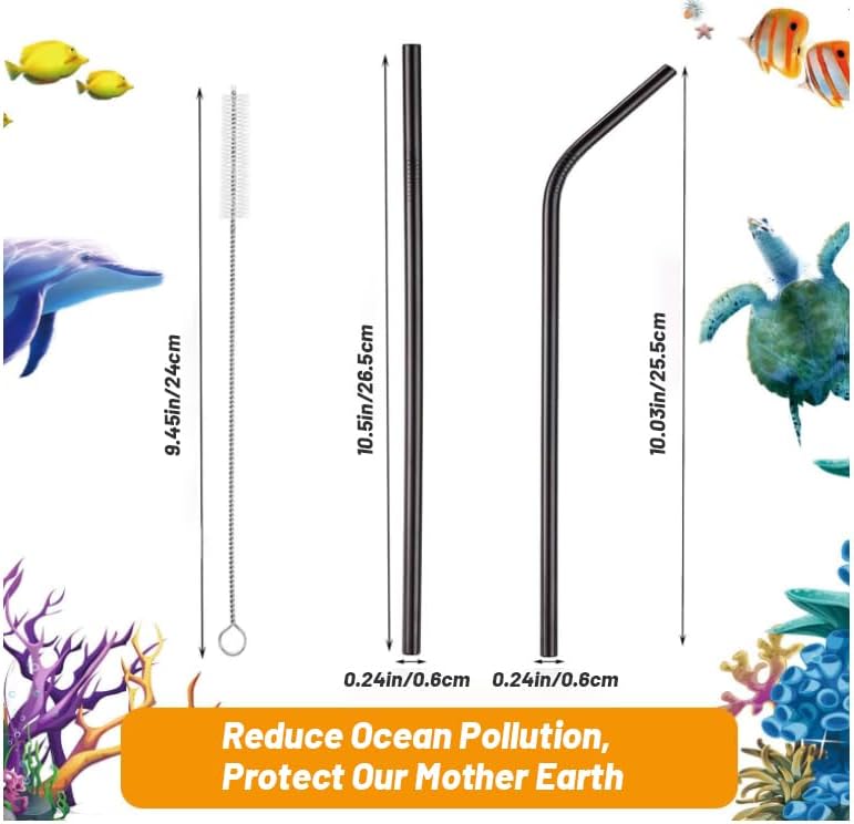 VEHHE Black Metal Straws, Stainless Steel Reusable Straws Set with Brush