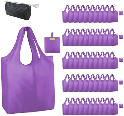 BeeGreen Purple Reusable Grocery Bags Wholesale Purple Reusable Kitchen Bags Bulk Foldable-Machine Washable with Zipper Storage Pouch 50 Packs