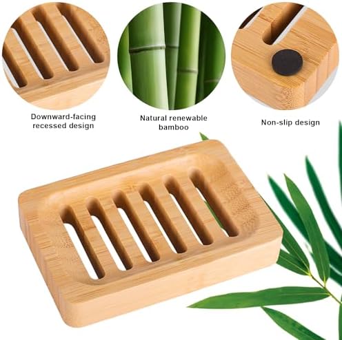 Bamboo Soap Dish Self-Draining Non-Slip Soap Saver - Wooden Trays for Bar Soap - Kitchen, Shower, Bathroom - 3 Pack