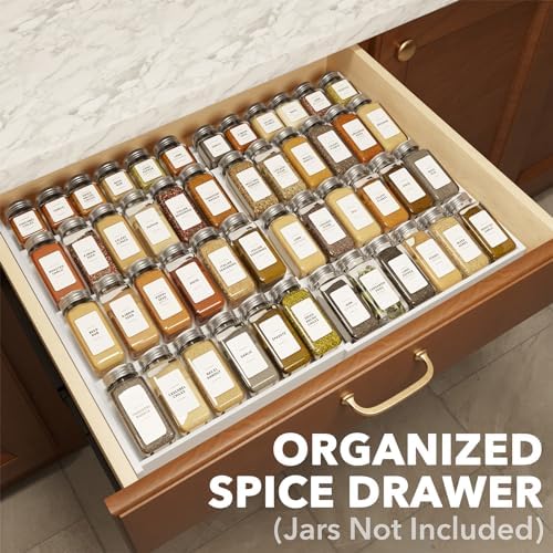 SpaceAid Bamboo White Spice Drawer Organizer, (Need 3" Deep Drawer) Expandable 4 Tier Spices Rack for Cabinet, Kitchen Seasoning Storage Insert (Jars Not Included, From 12" to 23" Wide)