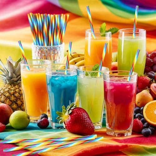 JANYUN 30 Pieces Rainbow Drinking Straws, 9inch Hard Platic Reusable Straws LGBT Gay Pride Colorful Rainbow Striped Straw for Pride Party Favors Decorations with Cleaning Brush
