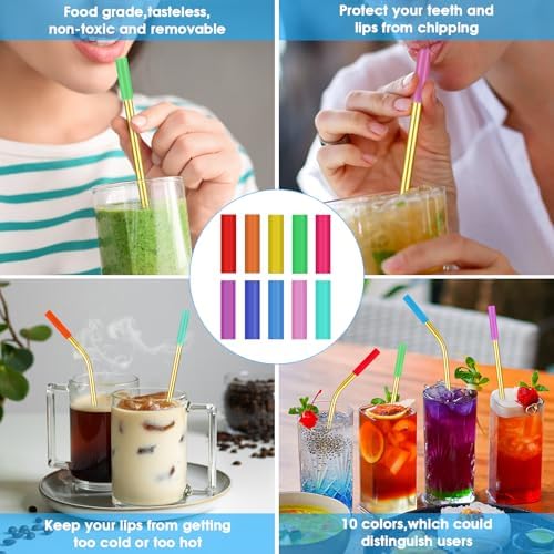 20 Pcs Gold Reusable Stainless Steel Straws,10.5" & 8.5" Reusable Drinking Straws with 20 Silicone Tips 5 Straw Brushes 1 Travel Case,Eco Friendly Extra Long Metal Straw for 20 24 30 oz Tumbler