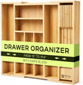 Drawer Organizer for Kitchen Organization – Expandable Bamboo Silverware Drawer Organizer with Removable Knife Block, Bamboo Cutlery, Non-Slip Utensil Organizer with 7-Slot Knife Storage for Flatware