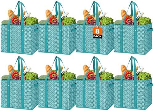 Reusable Grocery Bags 8 Pack, Foldable & Water Resistant Shopping Bags