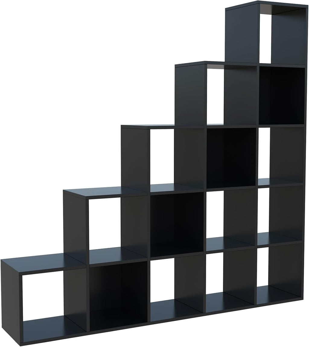 Ladder Cube Storage Bookcase - Wooden L-Shaped 5-Tier Corner Shelf, Reversible 15-Cube Organizer for Home & Office, Black