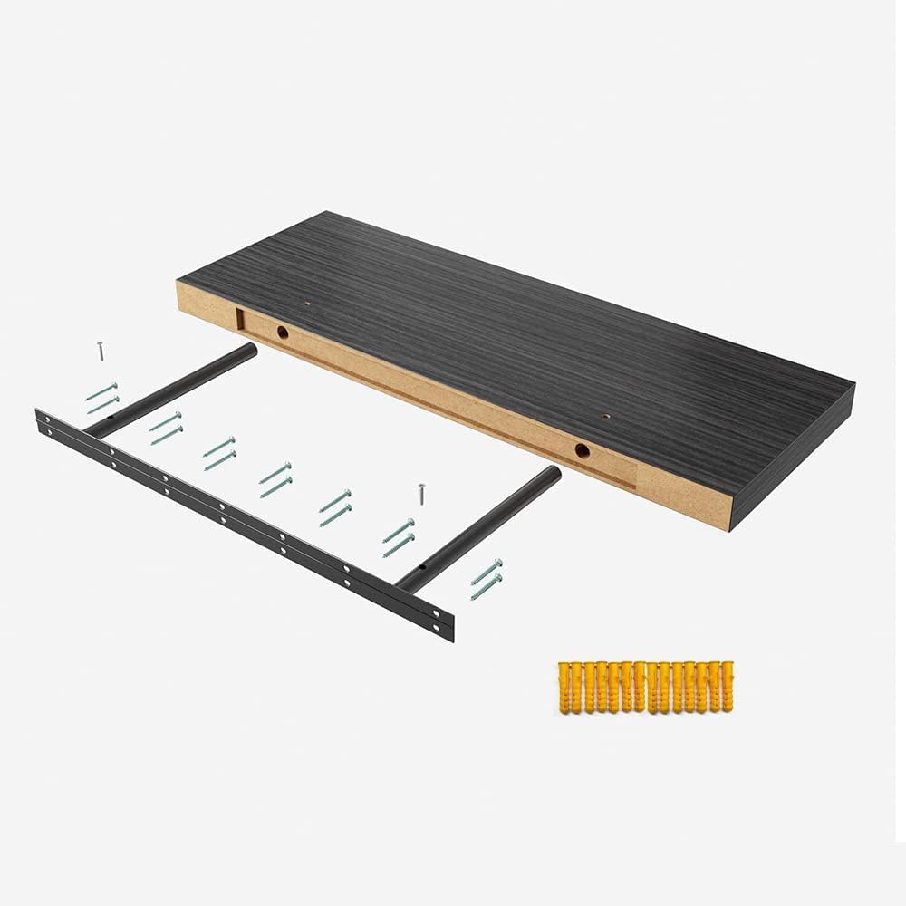 Floating Shelf, Set of 3 Wall Shelf, 24 in W x 12.75 in D x 2 in H Wooden Floating Wall Shelf with Invisible Brackets for Living Room/Bedroom/Bathroom/Kitchen Storage and Decor, Black Wood