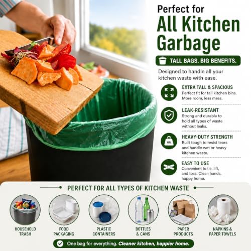 Tall Kitchen Trash Bags 13 Gallon (120 Bags) Medium Green Garbage Bag 55 Liter Can Liners Portable Camping Toilet Bags (120 count)