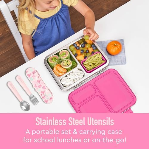 Bentgo Kids Stainless Steel Utensil Set - Reusable Fork, Spoon & Storage Case, PFAS- & BPA-Free, Easy-Grip Handles, Lightweight, Dishwasher Safe, School Lunch, Travel & Outdoors (NEW Ballet and Bows)