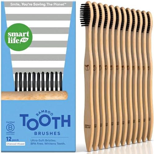 SmartLifeco Charcoal Bamboo Toothbrushes - Extra Soft Natural Bristles for Adults & Kids Teeth | Zero Waste Bulk Wooden Tooth Brush Travel Kit | BPA Free, Eco-Friendly, Vegan - (12 Pack)