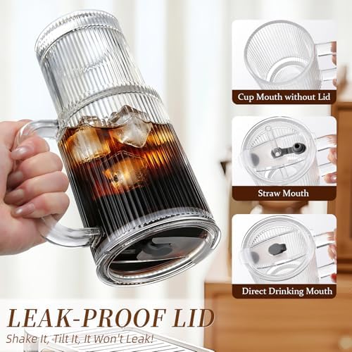 Iced Coffee Cups with Lids: Coffee Bar Accessories - Ribbed Glass Tumbler with Straw and Lid 4 Pack - 24oz Tumbler Leak Proof - Glass Cups Tumbler with Lid and Straws - Coffee Tumbler with Handle700ml