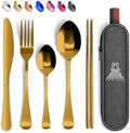 Taplord Portable Travel Silverware Set With Case, Includes 5 Pcs of Travel Utensils With Case, Stainless Steel Flatware Set For Camping, Easy to Travel, Lightweight (Gold)