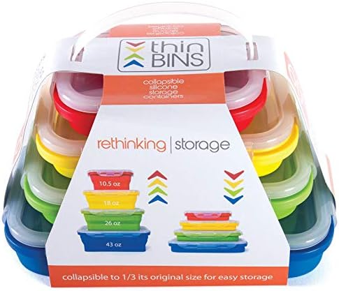 Kitchen Home Thin Bins Collapsible Containers – Set of 4 Rectangle Silicone Food Storage Containers – BPA Free, Microwave, Dishwasher and Freezer Safe