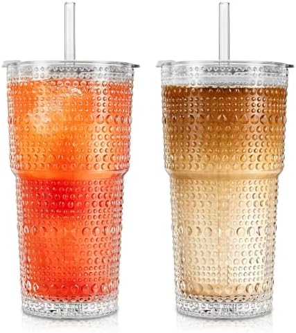 SoulTimes 20oz Hobnail Glass Tumbler with Bamboo Lids and Straws - Iced Coffee Glass Cups for Smoothie, Matcha, Juice, Water etc. Leakproof and Reusable Glassware Drinking for Travel To Go [2 Pcs]