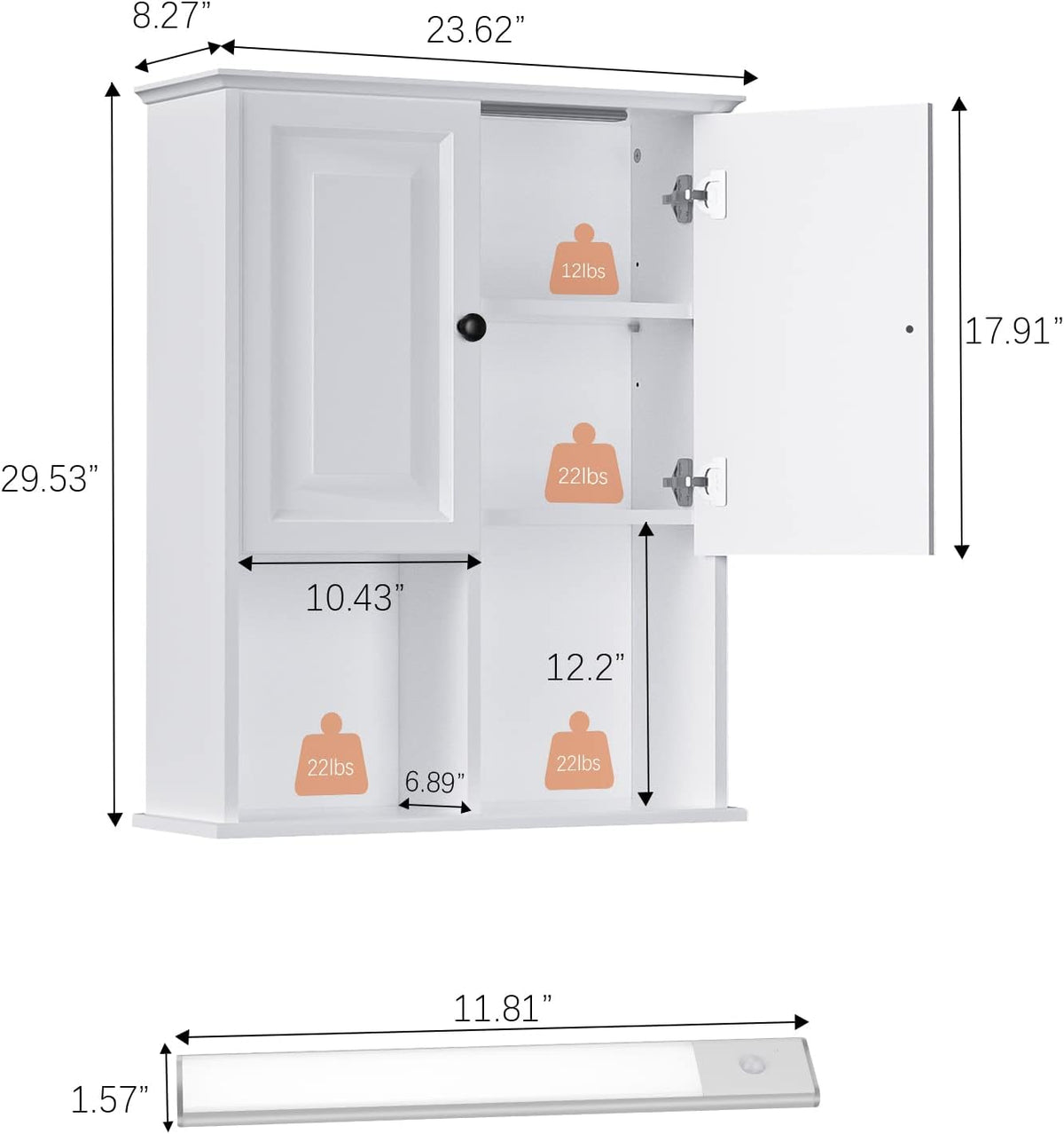 HAIOOU Bathroom Wall Cabinet with Motion Sensor LED Light, Wooden Medicine Cabinet Wall Mounted Cupboard, Over Toilet Storage Cabinet with Buffering Hinges and Adjustable Shelf - Modern White