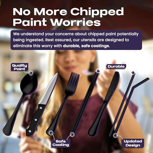 Taplord Portable Travel Silverware Set With Case, Includes 10 Pcs of Travel Utensils With Case, Stainless Steel Flatware Set For Camping, Lightweight (Black) (Pack of 3)