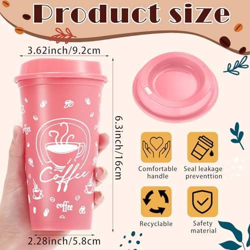 12 Sets Reusable Coffee Cups with Lids, 16oz, Pink Series