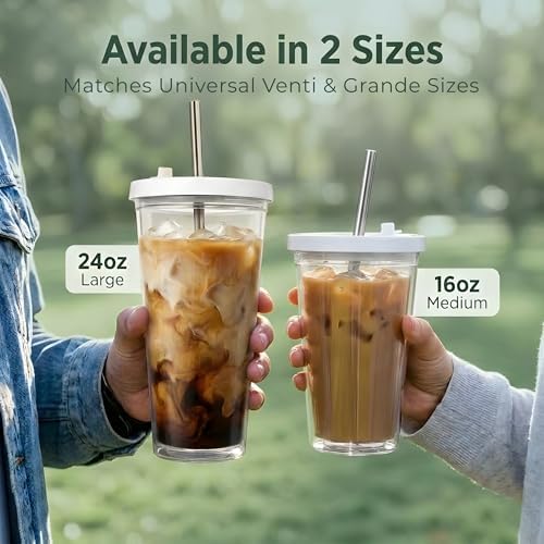 Reusable Iced Coffee Cup with Lid and Straw, 24 oz/Venti, BPA-Free Double-Wall Insulated Plastic Tumbler for Cold Drinks, Includes Clear Plastic Straw, Stainless Steel Straw and Cleaning Brush, White