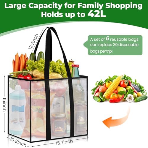 Reusable Grocery Bags, Clear Shopping Bags, 6 Pack, 42L
