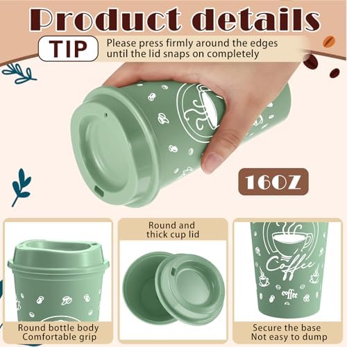 12 Sets Reusable Coffee Cups with Lids, 16oz, Green Series