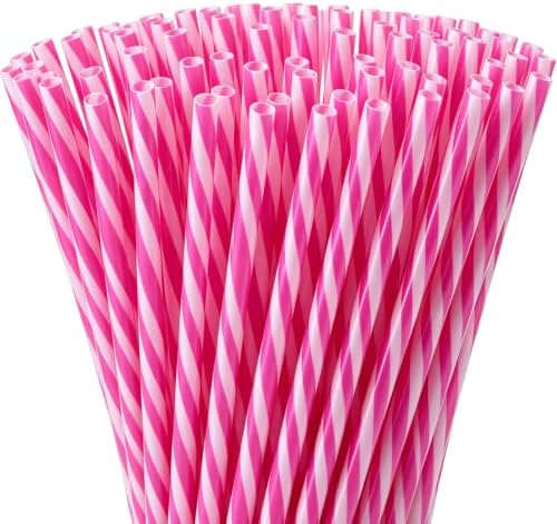 Honeydak 50 Pcs Reusable Plastic Straws Bulk,Rose Red Stripe