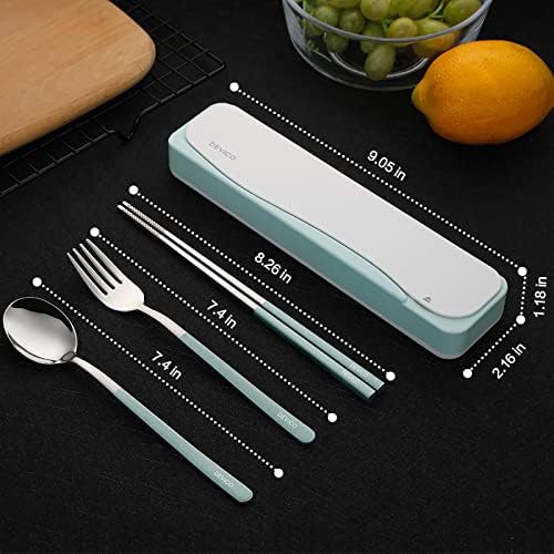 DEVICO Travel Utensils with Case, 4Pcs Portable Silverware Set for Work, 18/8 Stainless Steel Reusable Cutlery, Korean Spoon and Chopsticks Fork for Camping, School, Lunch Box Accessories (Green)