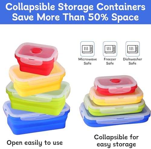 4 Collapsible Food Storage Containers, Silicone Food Storage Containers with Plastic Airtight Lids, Collapsible Storage Containers for Food Camping, Microwave Dishwasher Freezer Safe