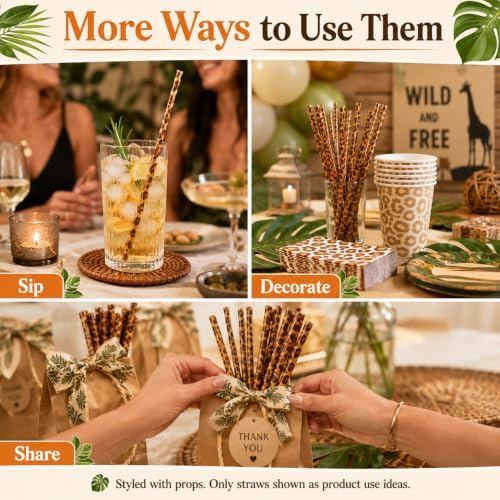 50 Pcs Reusable Leopard Straws, Plastic Cheetah Animal Straws and Cleaning Brush for Women Tumblers Drinking Safari Wild Birthday Party