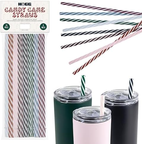 24-Pack, Reusable Straws - Candy Cane, Plastic Straws Reusable, BPA Free, Dishwasher Safe, Multicolor, Replacement for Tumblers, Fits 20oz 30oz 40oz