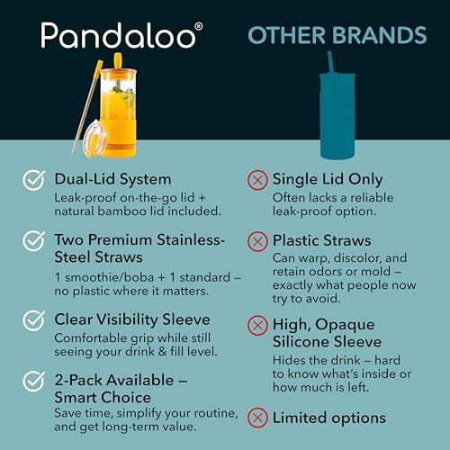 Pandaloo® Glass Cups With Lids and Straws -20 Fl Oz- Perfect Size Iced Coffee Cup - Smoothie Cup With Bamboo Lid and On the go Lid - Glass Tumbler With Straw (1 Count (Pack of 1), Maracuja Dream)