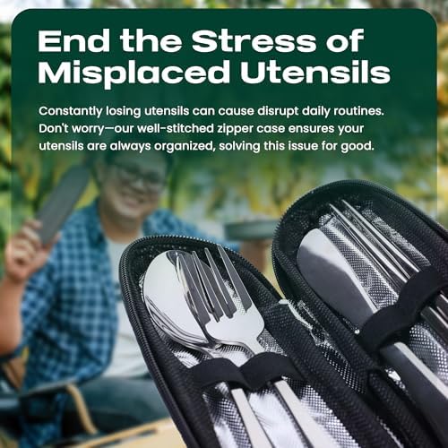 Taplord Portable Travel Silverware Set With Case, Includes 5 Pcs of Travel Utensils With Case, Stainless Steel Flatware Set For Camping, Easy to Travel, Lightweight (Silver), Medium, TL-05S