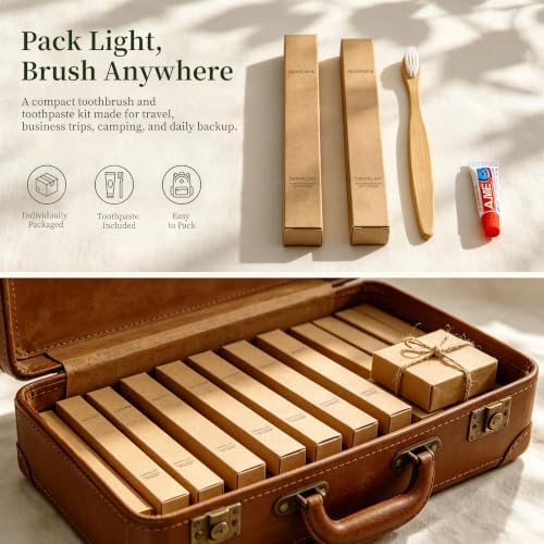 Disposable Travel Toothbrushes with Toothpaste, 10 Individually Wrapped Single Use Bamboo Toothbrush Kits for Trips, Camping, Overnight Stays, Guests and Home Backup
