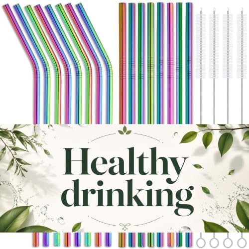 16 Pack Rainbow Stainless Steel Straws for 20 oz Tumblers, 8 Straight and 8 Bent Reusable Metal Straws with 4 Cleaning Brushes, Rainbow Colored, Fits Insulated Cups