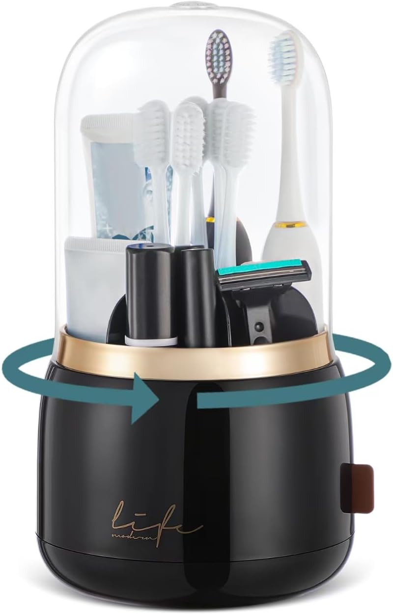 EXIN DECHEN Toothbrush Holders with Cover for Bathrooms, 360° Rotating 7-Slot Draining Water for Placing Kids Electric Toothbrushes,Toothpaste,Razors,Bathroom Counter Dresser Vanity Organizer(Black)